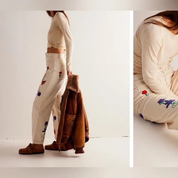 Free People Cream Embroidered Flare Jeans